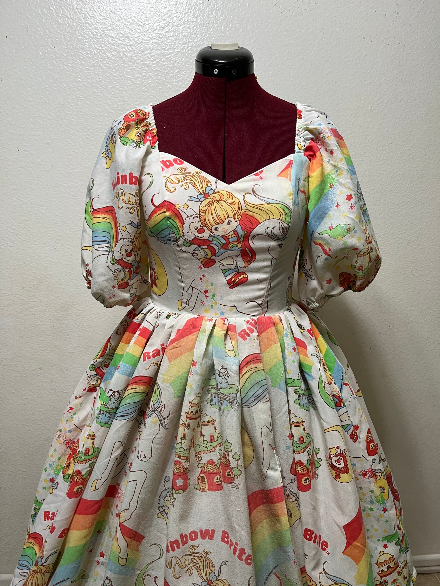 Upcycled Rainbow Brite bedsheet dress