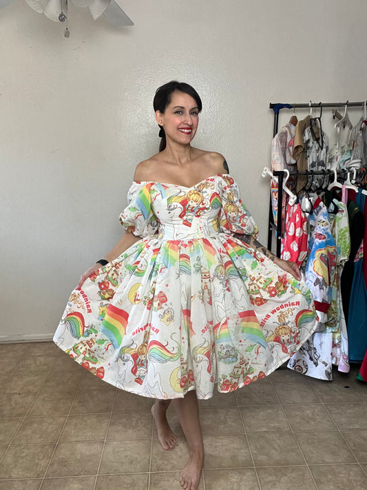 Upcycled Rainbow Brite bedsheet dress